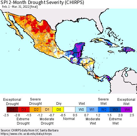 Mexico Central America and the Caribbean SPI 2-Month Drought Severity (CHIRPS) Thematic Map For 2/1/2022 - 3/31/2022