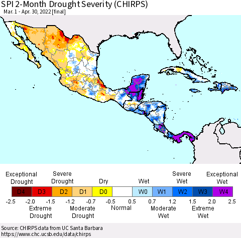 Mexico Central America and the Caribbean SPI 2-Month Drought Severity (CHIRPS) Thematic Map For 3/1/2022 - 4/30/2022