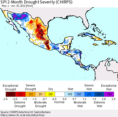 Mexico Central America and the Caribbean SPI 2-Month Drought Severity (CHIRPS) Thematic Map For 5/1/2022 - 6/30/2022