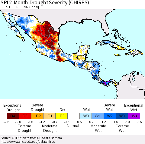 Mexico Central America and the Caribbean SPI 2-Month Drought Severity (CHIRPS) Thematic Map For 6/1/2022 - 7/31/2022