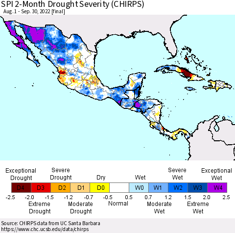 Mexico Central America and the Caribbean SPI 2-Month Drought Severity (CHIRPS) Thematic Map For 8/1/2022 - 9/30/2022