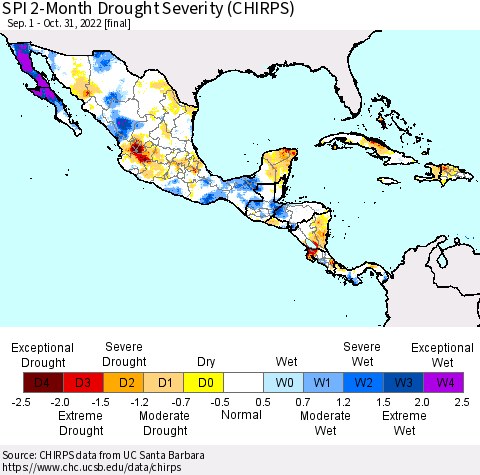Mexico Central America and the Caribbean SPI 2-Month Drought Severity (CHIRPS) Thematic Map For 9/1/2022 - 10/31/2022