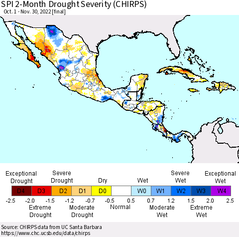 Mexico Central America and the Caribbean SPI 2-Month Drought Severity (CHIRPS) Thematic Map For 10/1/2022 - 11/30/2022