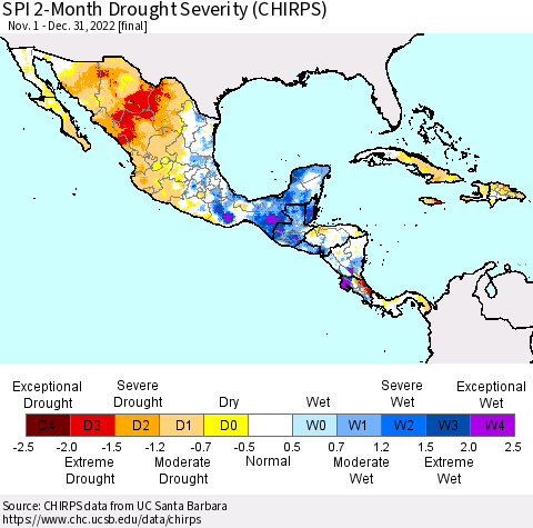 Mexico Central America and the Caribbean SPI 2-Month Drought Severity (CHIRPS) Thematic Map For 11/1/2022 - 12/31/2022