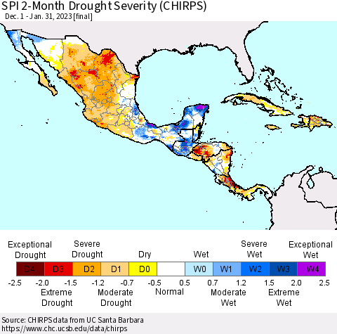 Mexico Central America and the Caribbean SPI 2-Month Drought Severity (CHIRPS) Thematic Map For 12/1/2022 - 1/31/2023