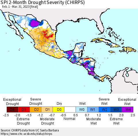 Mexico Central America and the Caribbean SPI 2-Month Drought Severity (CHIRPS) Thematic Map For 2/1/2023 - 3/31/2023