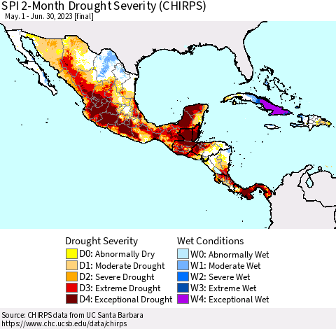 Mexico Central America and the Caribbean SPI 2-Month Drought Severity (CHIRPS) Thematic Map For 5/1/2023 - 6/30/2023