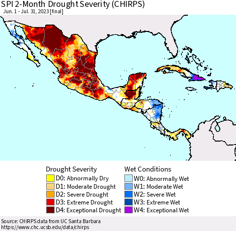 Mexico Central America and the Caribbean SPI 2-Month Drought Severity (CHIRPS) Thematic Map For 6/1/2023 - 7/31/2023