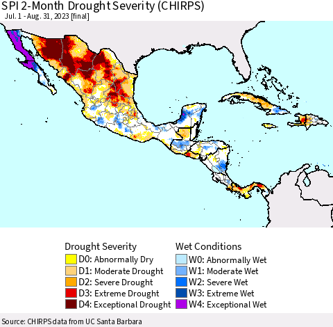 Mexico Central America and the Caribbean SPI 2-Month Drought Severity (CHIRPS) Thematic Map For 7/1/2023 - 8/31/2023