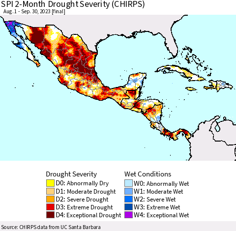 Mexico Central America and the Caribbean SPI 2-Month Drought Severity (CHIRPS) Thematic Map For 8/1/2023 - 9/30/2023