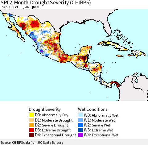 Mexico Central America and the Caribbean SPI 2-Month Drought Severity (CHIRPS) Thematic Map For 9/1/2023 - 10/31/2023