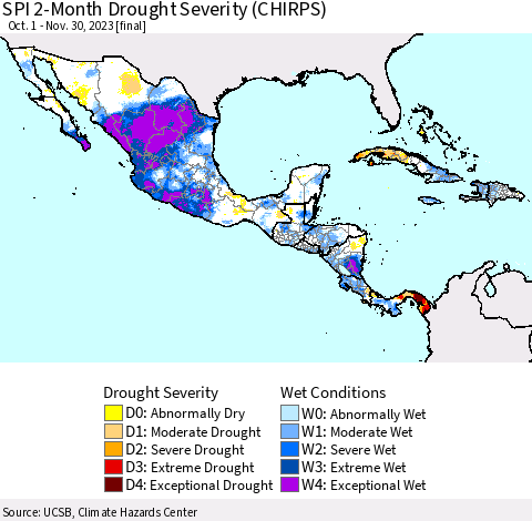 Mexico Central America and the Caribbean SPI 2-Month Drought Severity (CHIRPS) Thematic Map For 10/1/2023 - 11/30/2023