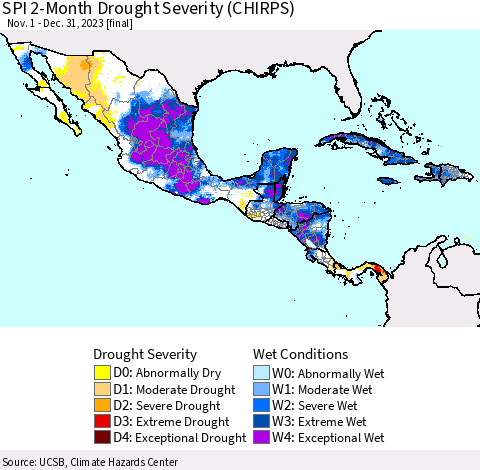 Mexico Central America and the Caribbean SPI 2-Month Drought Severity (CHIRPS) Thematic Map For 11/1/2023 - 12/31/2023