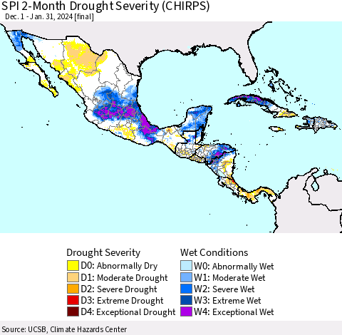 Mexico Central America and the Caribbean SPI 2-Month Drought Severity (CHIRPS) Thematic Map For 12/1/2023 - 1/31/2024