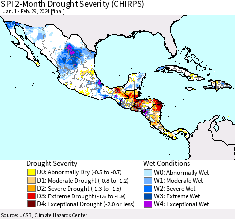 Mexico Central America and the Caribbean SPI 2-Month Drought Severity (CHIRPS) Thematic Map For 1/1/2024 - 2/29/2024