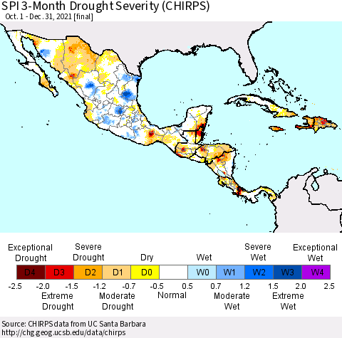 Mexico Central America and the Caribbean SPI 3-Month Drought Severity (CHIRPS) Thematic Map For 10/1/2021 - 12/31/2021