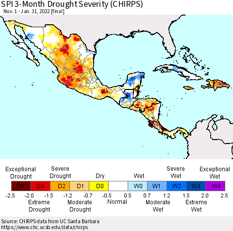 Mexico Central America and the Caribbean SPI 3-Month Drought Severity (CHIRPS) Thematic Map For 11/1/2021 - 1/31/2022