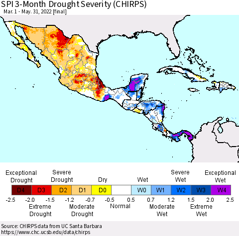 Mexico Central America and the Caribbean SPI 3-Month Drought Severity (CHIRPS) Thematic Map For 3/1/2022 - 5/31/2022
