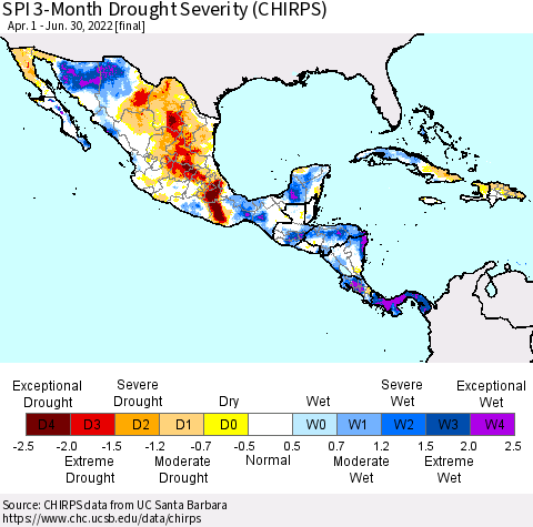 Mexico Central America and the Caribbean SPI 3-Month Drought Severity (CHIRPS) Thematic Map For 4/1/2022 - 6/30/2022