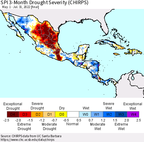 Mexico Central America and the Caribbean SPI 3-Month Drought Severity (CHIRPS) Thematic Map For 5/1/2022 - 7/31/2022