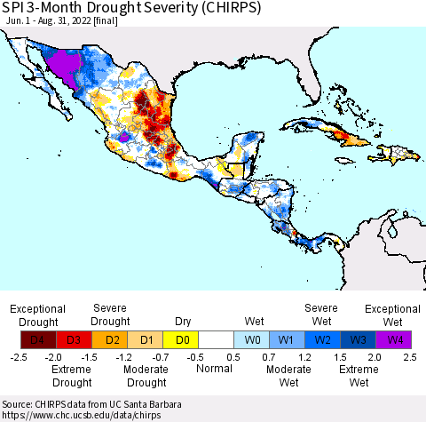 Mexico Central America and the Caribbean SPI 3-Month Drought Severity (CHIRPS) Thematic Map For 6/1/2022 - 8/31/2022
