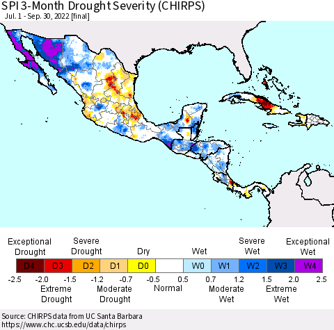 Mexico Central America and the Caribbean SPI 3-Month Drought Severity (CHIRPS) Thematic Map For 7/1/2022 - 9/30/2022