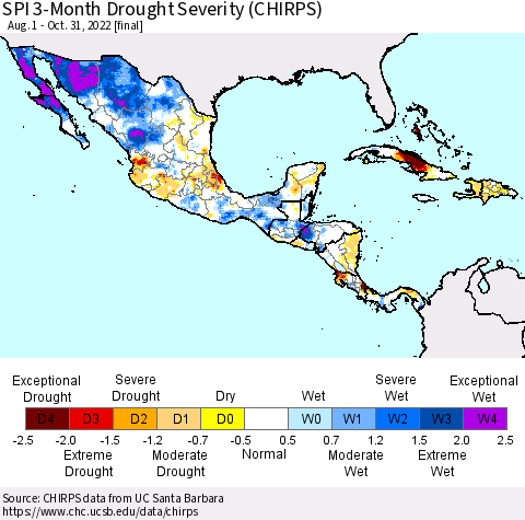 Mexico Central America and the Caribbean SPI 3-Month Drought Severity (CHIRPS) Thematic Map For 8/1/2022 - 10/31/2022