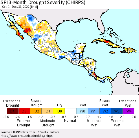 Mexico Central America and the Caribbean SPI 3-Month Drought Severity (CHIRPS) Thematic Map For 10/1/2022 - 12/31/2022