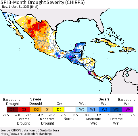 Mexico Central America and the Caribbean SPI 3-Month Drought Severity (CHIRPS) Thematic Map For 11/1/2022 - 1/31/2023