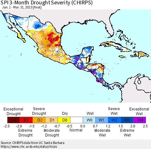 Mexico Central America and the Caribbean SPI 3-Month Drought Severity (CHIRPS) Thematic Map For 1/1/2023 - 3/31/2023