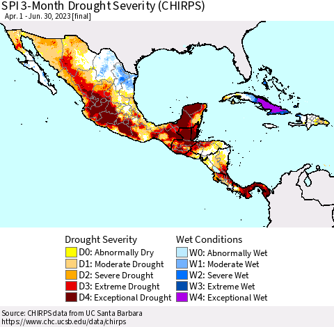 Mexico Central America and the Caribbean SPI 3-Month Drought Severity (CHIRPS) Thematic Map For 4/1/2023 - 6/30/2023