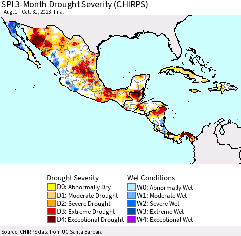 Mexico Central America and the Caribbean SPI 3-Month Drought Severity (CHIRPS) Thematic Map For 8/1/2023 - 10/31/2023