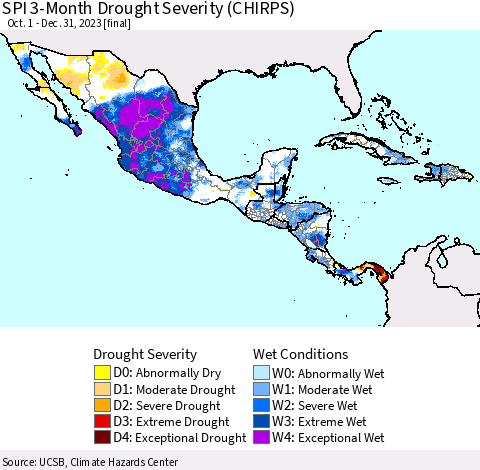 Mexico Central America and the Caribbean SPI 3-Month Drought Severity (CHIRPS) Thematic Map For 10/1/2023 - 12/31/2023