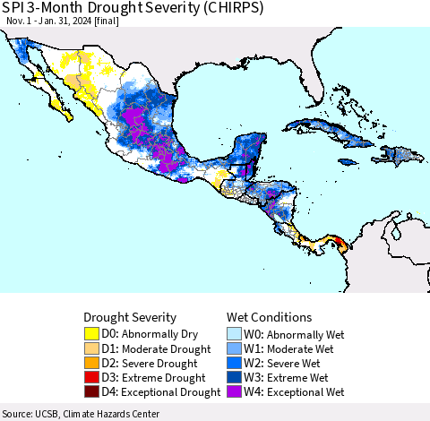 Mexico Central America and the Caribbean SPI 3-Month Drought Severity (CHIRPS) Thematic Map For 11/1/2023 - 1/31/2024