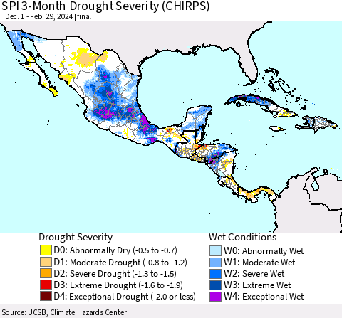 Mexico Central America and the Caribbean SPI 3-Month Drought Severity (CHIRPS) Thematic Map For 12/1/2023 - 2/29/2024