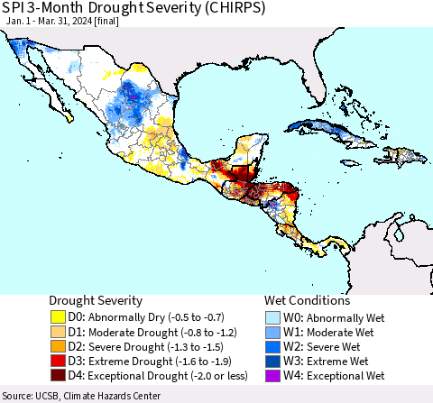 Mexico Central America and the Caribbean SPI 3-Month Drought Severity (CHIRPS) Thematic Map For 1/1/2024 - 3/31/2024