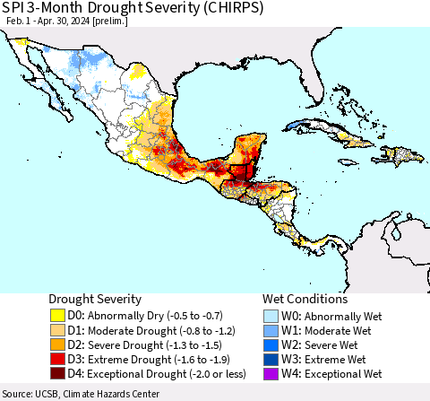 Mexico Central America and the Caribbean SPI 3-Month Drought Severity (CHIRPS) Thematic Map For 2/1/2024 - 4/30/2024