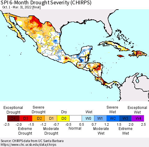 Mexico Central America and the Caribbean SPI 6-Month Drought Severity (CHIRPS) Thematic Map For 10/1/2021 - 3/31/2022