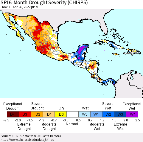 Mexico Central America and the Caribbean SPI 6-Month Drought Severity (CHIRPS) Thematic Map For 11/1/2021 - 4/30/2022