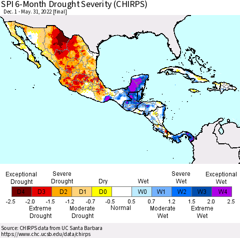 Mexico Central America and the Caribbean SPI 6-Month Drought Severity (CHIRPS) Thematic Map For 12/1/2021 - 5/31/2022