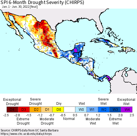 Mexico Central America and the Caribbean SPI 6-Month Drought Severity (CHIRPS) Thematic Map For 1/1/2022 - 6/30/2022