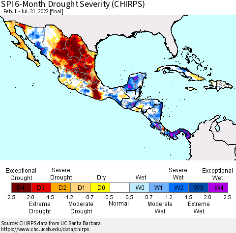Mexico Central America and the Caribbean SPI 6-Month Drought Severity (CHIRPS) Thematic Map For 2/1/2022 - 7/31/2022