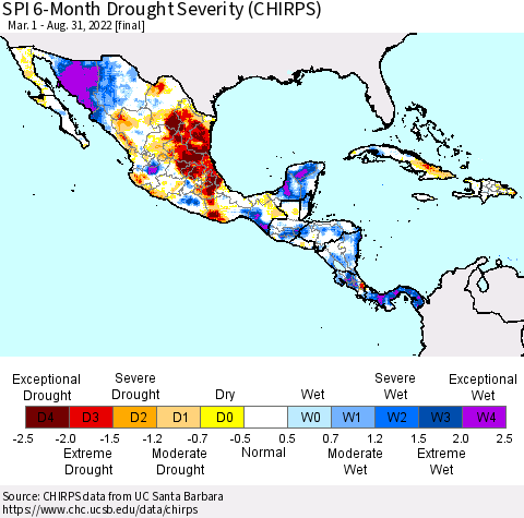 Mexico Central America and the Caribbean SPI 6-Month Drought Severity (CHIRPS) Thematic Map For 3/1/2022 - 8/31/2022