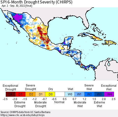 Mexico Central America and the Caribbean SPI 6-Month Drought Severity (CHIRPS) Thematic Map For 4/1/2022 - 9/30/2022