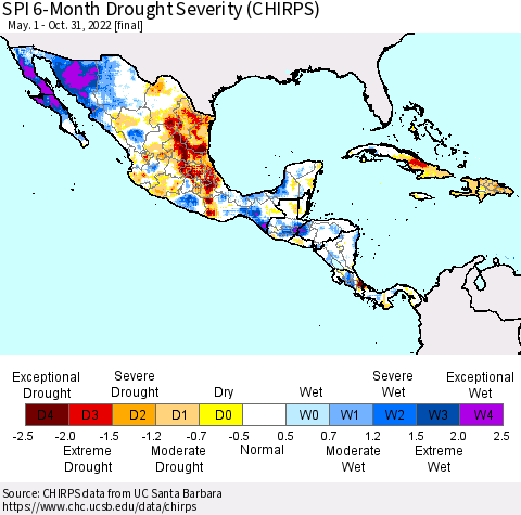 Mexico Central America and the Caribbean SPI 6-Month Drought Severity (CHIRPS) Thematic Map For 5/1/2022 - 10/31/2022