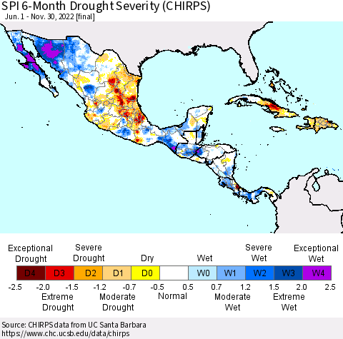 Mexico Central America and the Caribbean SPI 6-Month Drought Severity (CHIRPS) Thematic Map For 6/1/2022 - 11/30/2022