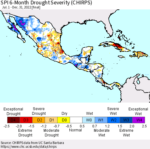 Mexico Central America and the Caribbean SPI 6-Month Drought Severity (CHIRPS) Thematic Map For 7/1/2022 - 12/31/2022