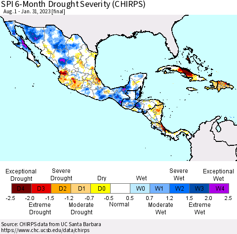 Mexico Central America and the Caribbean SPI 6-Month Drought Severity (CHIRPS) Thematic Map For 8/1/2022 - 1/31/2023