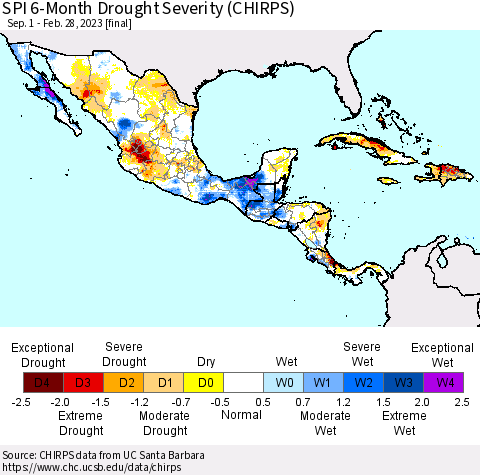 Mexico Central America and the Caribbean SPI 6-Month Drought Severity (CHIRPS) Thematic Map For 9/1/2022 - 2/28/2023