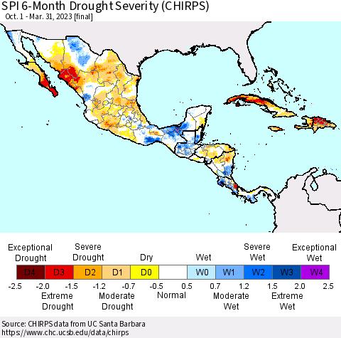 Mexico Central America and the Caribbean SPI 6-Month Drought Severity (CHIRPS) Thematic Map For 10/1/2022 - 3/31/2023